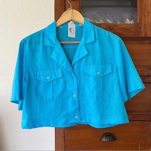 Cropped button down summer blouse bright blue saturated aqua vintage upcycled